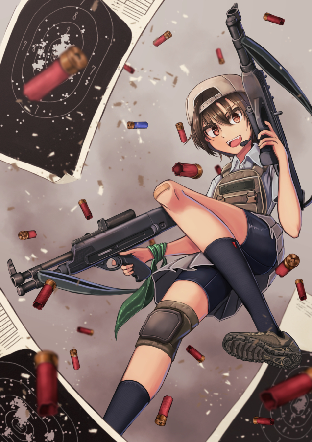 12-gauge, 12-gauge_(2_3/4_inch_shell), ammunition, bad_id, bad_pixiv_id, bike_shorts, brown_eyes, brown_hair