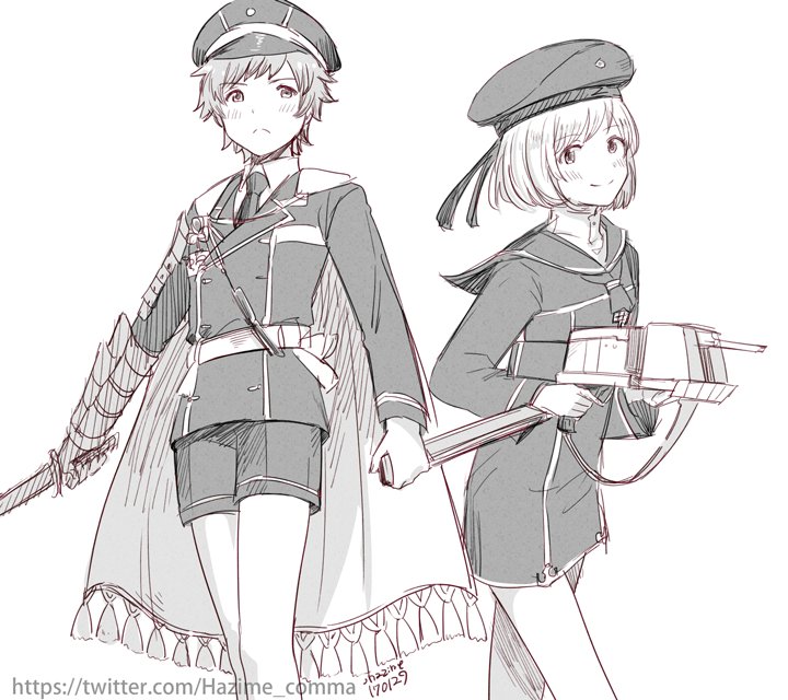10s, 1boy, 1girl, aged_down, armor, artist_name, bad_id, bad_twitter_id, cape, child, cosplay, dated, djeeta_(granblue_fantasy), dress, gran_(granblue_fantasy), granblue_fantasy, greyscale, hajime_(gitoriokawaii), hat, japanese_armor, kantai_collection, looking_at_viewer, maeda_toushirou, maeda_toushirou_(cosplay), microdress, military, military_uniform, monochrome, necktie, peaked_cap, sailor_dress, sailor_hat, scabbard, sheath, short_hair, shorts, shoulder_armor, simple_background, smile, sode, sword, touken_ranbu, twitter_username, unsheathed, watermark, weapon, white_background, z1_leberecht_maass_(kancolle), z1_leberecht_maass_(kancolle)_(cosplay)
