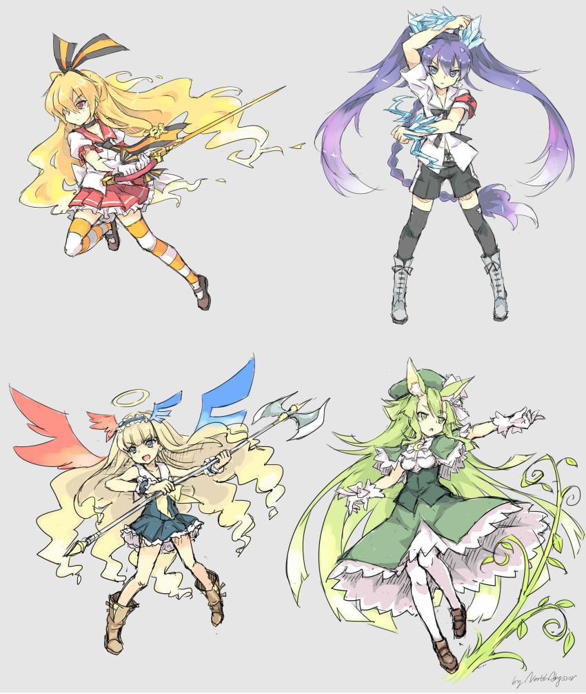 >:/, 10s, 4girls, :/, absurdres, animal_ears, arm_up, armband