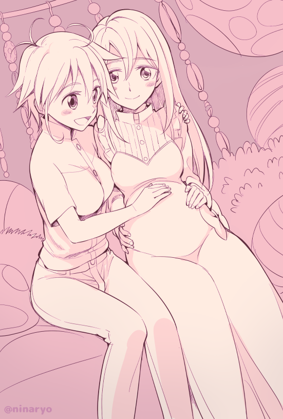 2girls, :d, ahoge, antenna_hair, bad_id, bad_pixiv_id, breasts, choker, commentary, dress, flip_flappers, frilled_dress, frills, hand_on_another's_shoulder, hand_on_another's_stomach, large_breasts, long_hair, medium_breasts, mimi_(flip_flappers), multiple_girls, niina_ryou, aged_up, open_mouth, ornament, pants, papika_(flip_flappers), pregnant, shirt, short_hair, smile, spoilers, twitter_username