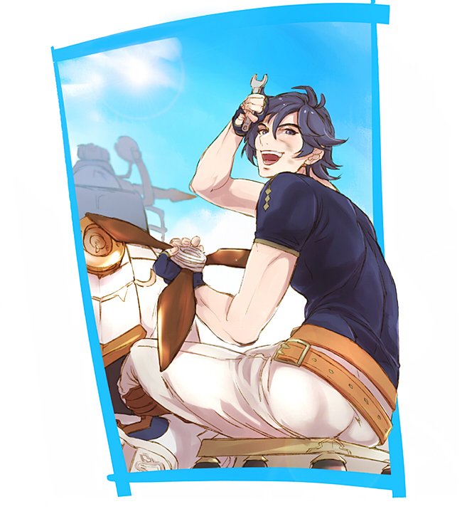 10s, 1boy, :d, ass, belt, blue_border, blue_eyes, blue_hair