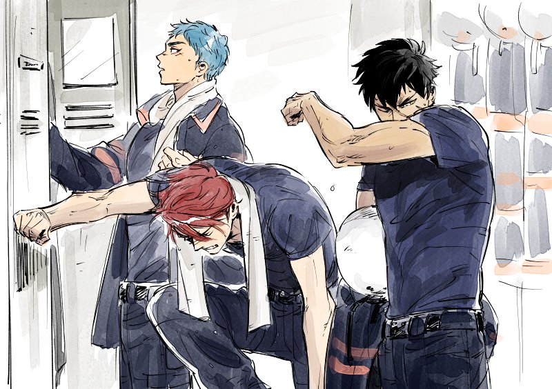10s, 3boys, black_hair, blue_hair, doudanuki_masakuni, firefighter, locker, locker_room, male_focus, multiple_boys, one_eye_closed, ookanehira_(touken_ranbu), red_hair, shirt, t-shirt, touken_ranbu, towel, towel_around_neck, wiping_sweat, yamabushi_kunihiro, yotsuban