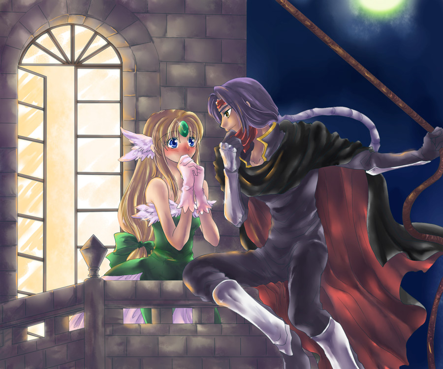 1boy, 1girl, balcony, blonde_hair, blue_eyes, blush, bow, cape