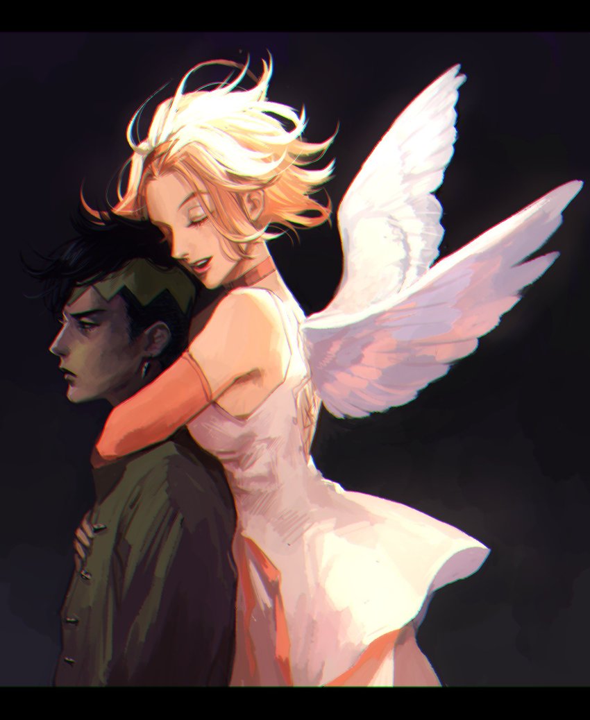 1boy, 1girl, angel_wings, arm_warmers, black_hair, blonde_hair, choker, chromatic_aberration