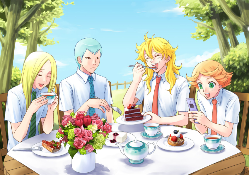 <o>_<o>, 10s, blonde_hair, blue_hair, blue_sky, blueberry, cake, cellphone