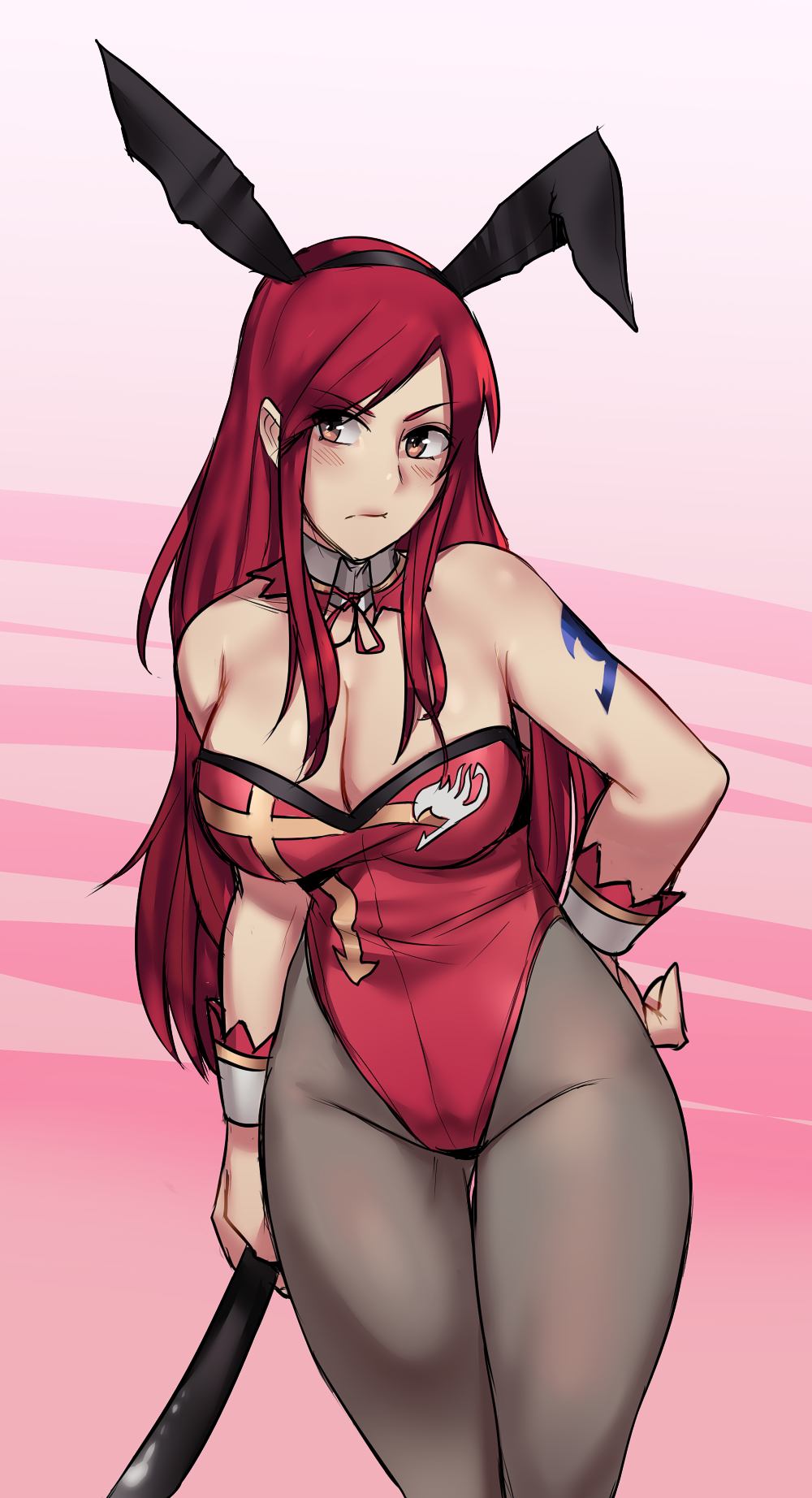 1girl, animal_ears, arm_at_side, bare_shoulders, breasts, brown_eyes, cleavage, closed_mouth, cowboy_shot, detached_collar, erza_scarlet, fairy_tail, fake_animal_ears, female_focus, hand_on_own_hip, head_tilt, highres, holding, large_breasts, leaning_forward, long_hair, looking_at_viewer, pantyhose, playboy_bunny, rabbit_ears, red_hair, ryairyai, solo, standing, tattoo, wrist_cuffs