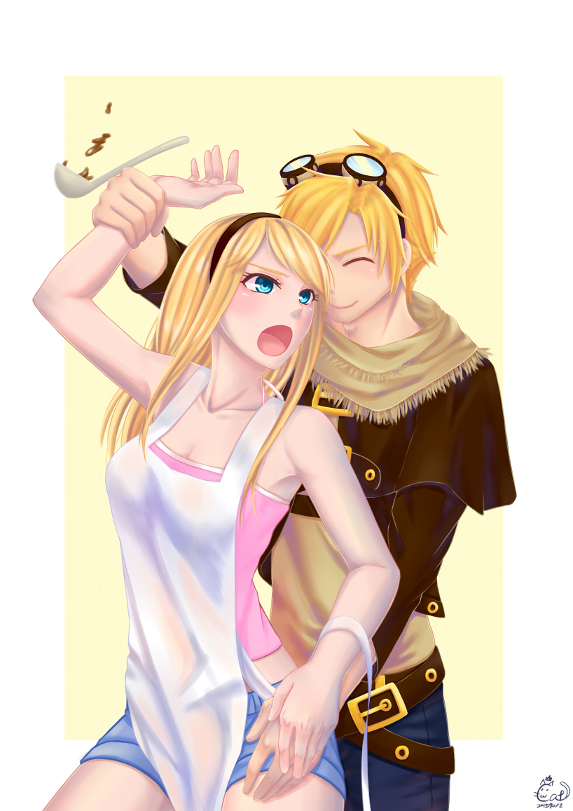 1boy, 1girl, :o, apron, belt, blonde_hair, blue_eyes, blush