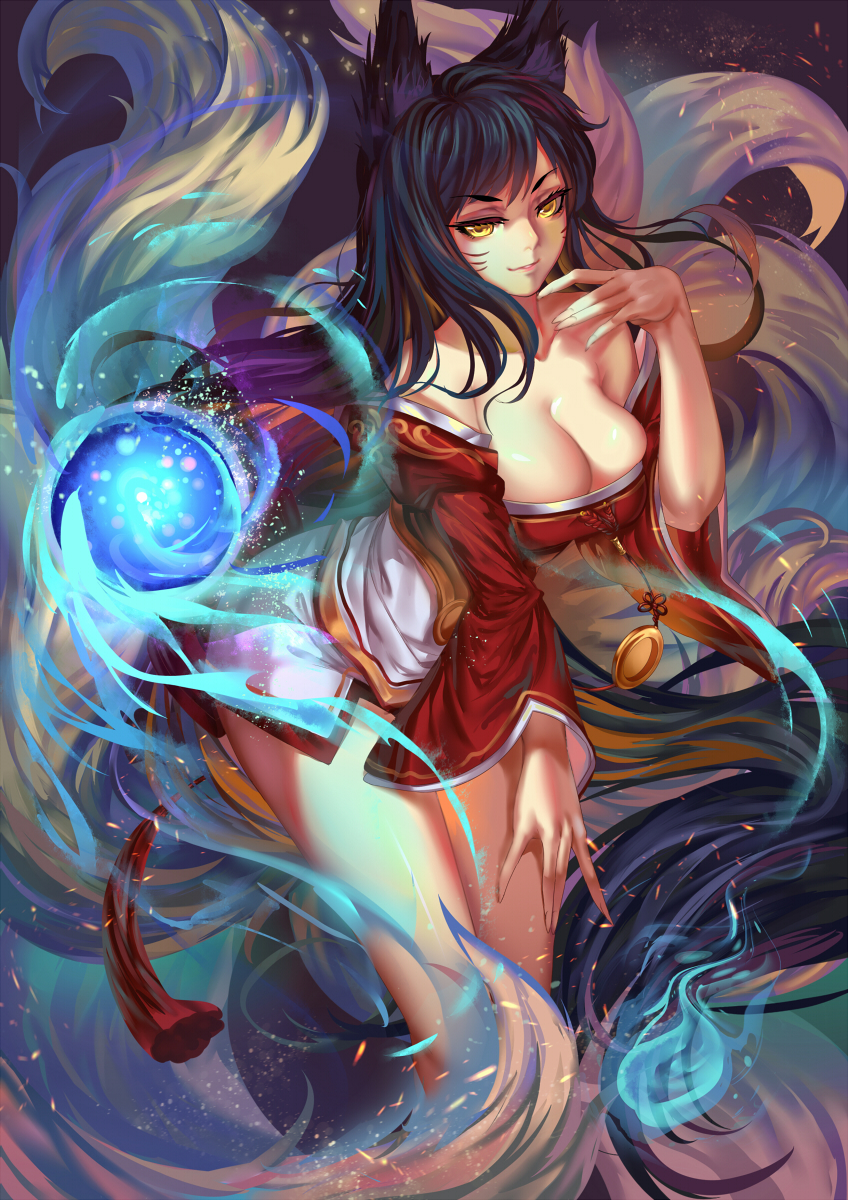 1girl, ahri_(league_of_legends), animal_ears, aurora_rokudo, bare_legs, bare_shoulders, black_hair, breasts