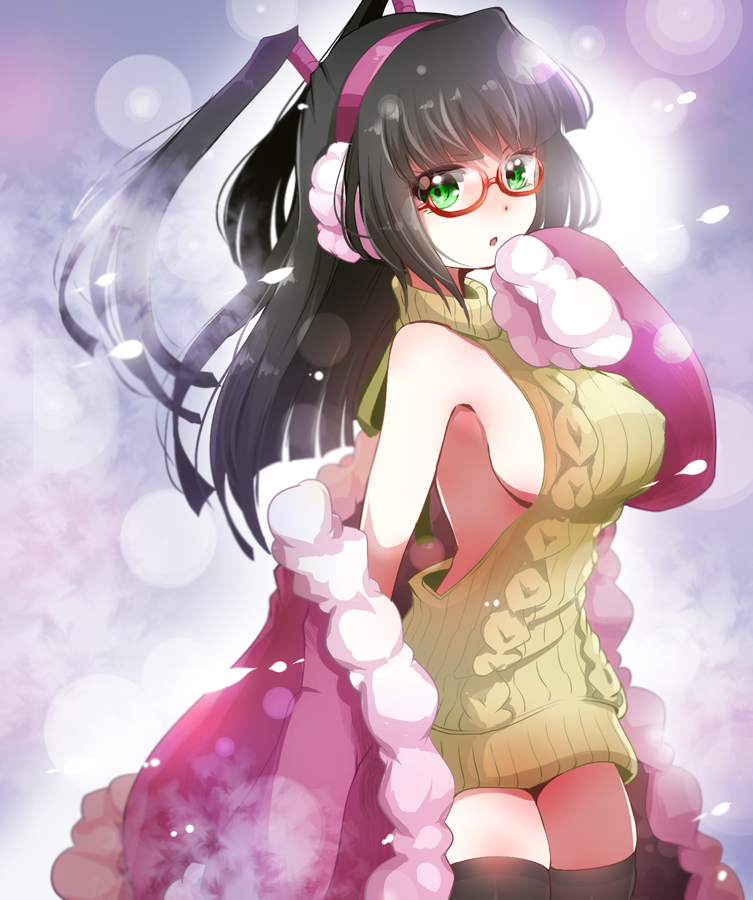 1girl, :o, aran_sweater, backless_dress, backless_outfit, bemani, black_hair, black_thighhighs