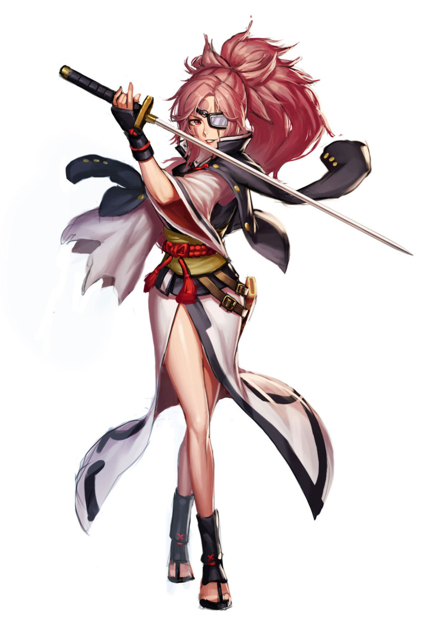 1girl, amputee, baiken, diestro, female_focus, fighting_stance, full_body, grin