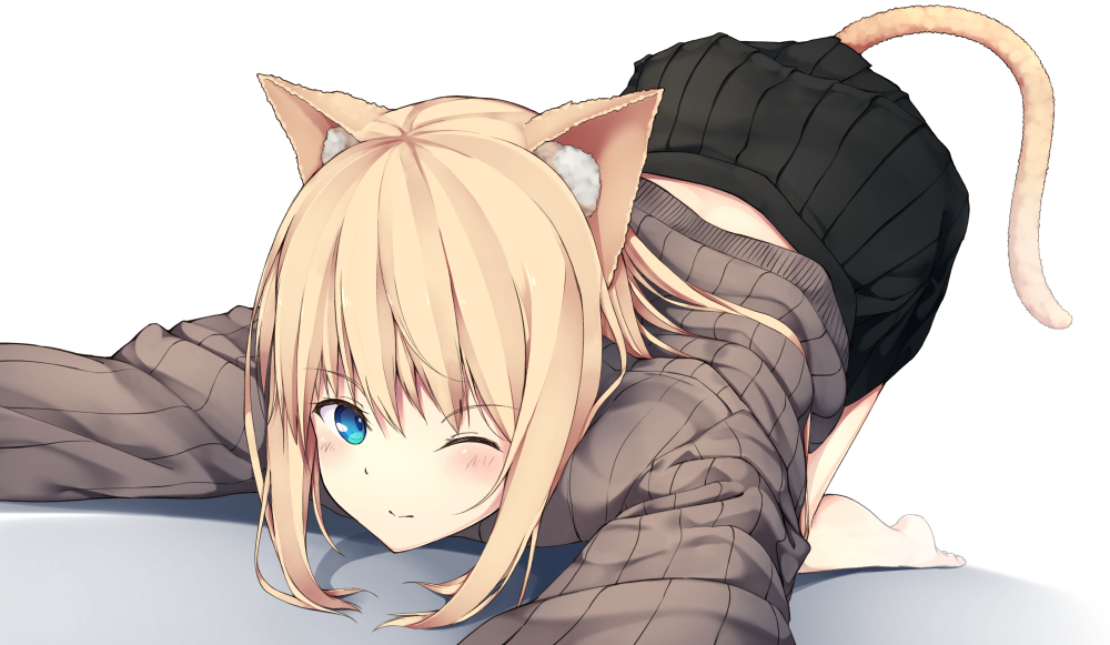 1girl, 3;, all_fours, animal_ears, aqua_eyes, barefoot, black_skirt, blonde_hair