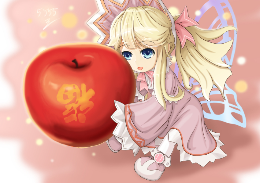 10s, 1girl, absurdres, apple, blonde_hair, blue_eyes, blush, dao_fu