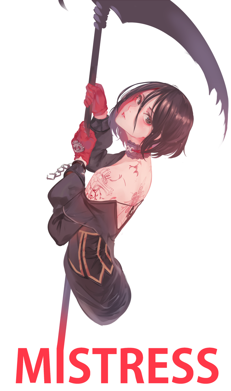00s, 1girl, back_tattoo, backless_outfit, bare_shoulders, black_dress, black_hair, brown_eyes, chain, character_name, choker, cropped_legs, cross, crossed_legs, dress, dungeon_and_fighter, female_focus, female_priest_(dungeon_and_fighter), from_side, gloves, hair_between_eyes, highres, holding, holding_weapon, litra_(ltr0312), long_sleeves, looking_at_viewer, looking_back, ltr0312, mistress_(dungeon_and_fighter), off_shoulder, parted_lips, red_gloves, scythe, shaft_look, short_hair, shoulder_tattoo, simple_background, solo, standing, tattoo, two-handed, watson_cross, weapon, white_background