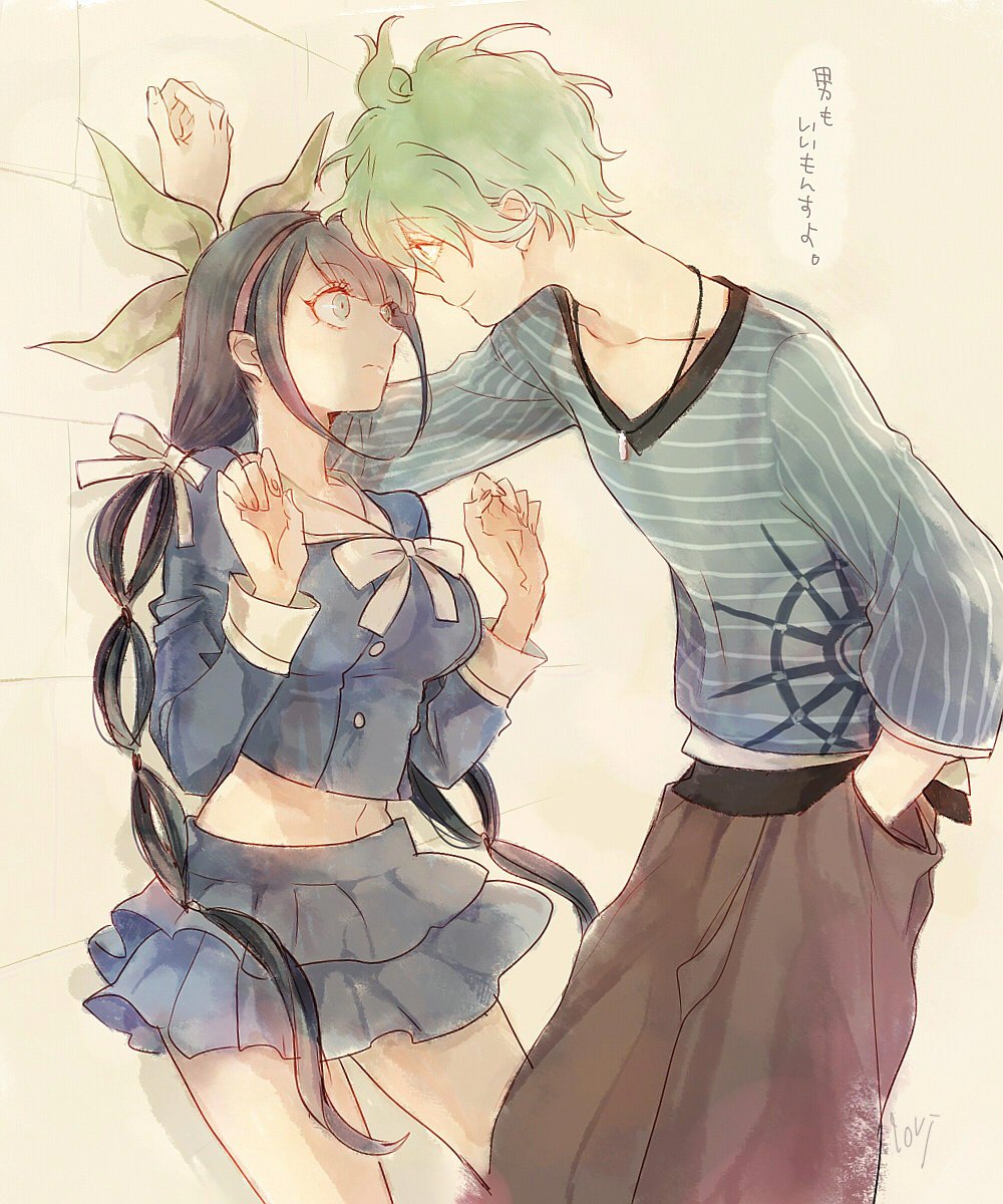 10s, 1boy, 1girl, amami_rantaro, black_hair, blue_shirt, chabashira_tenko, danganronpa_(series), danganronpa_v3:_killing_harmony, denim, green_eyes, green_hair, hair_ribbon, hairband, hand_in_pocket, highres, jeans, jewelry, kabedon, layered_skirt, long_hair, looking_at_another, lovi_(momoko37), midriff, mole, mole_under_mouth, necklace, pants, ribbon, school_uniform, serafuku, shirt, short_hair, signature, simple_background, skirt, smile, striped_clothes, striped_shirt, tan_background, twintails