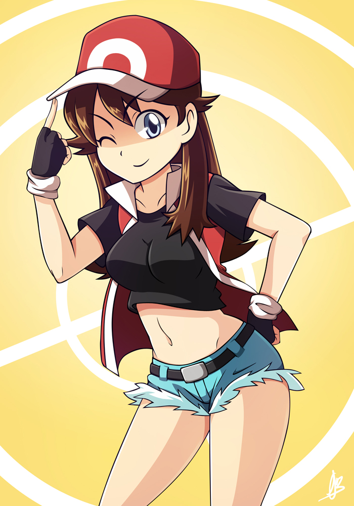 1girl, ;), baseball_cap, belt, blue_eyes, breasts, brown_hair, cosplay, denim, dmy-gfx, female_focus, fingerless_gloves, gloves, green_(pokemon), hat, long_hair, midriff, navel, nintendo, one_eye_closed, pokemon, pokemon_firered_and_leafgreen, red_(pokemon)_(cosplay), shirt, shorts, smile, solo