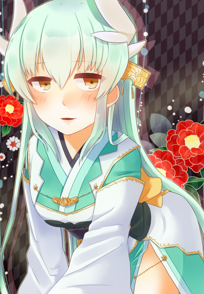 1girl, aqua_hair, checkered_background, fate/grand_order, fate_(series), female_focus, floral_background, headgear