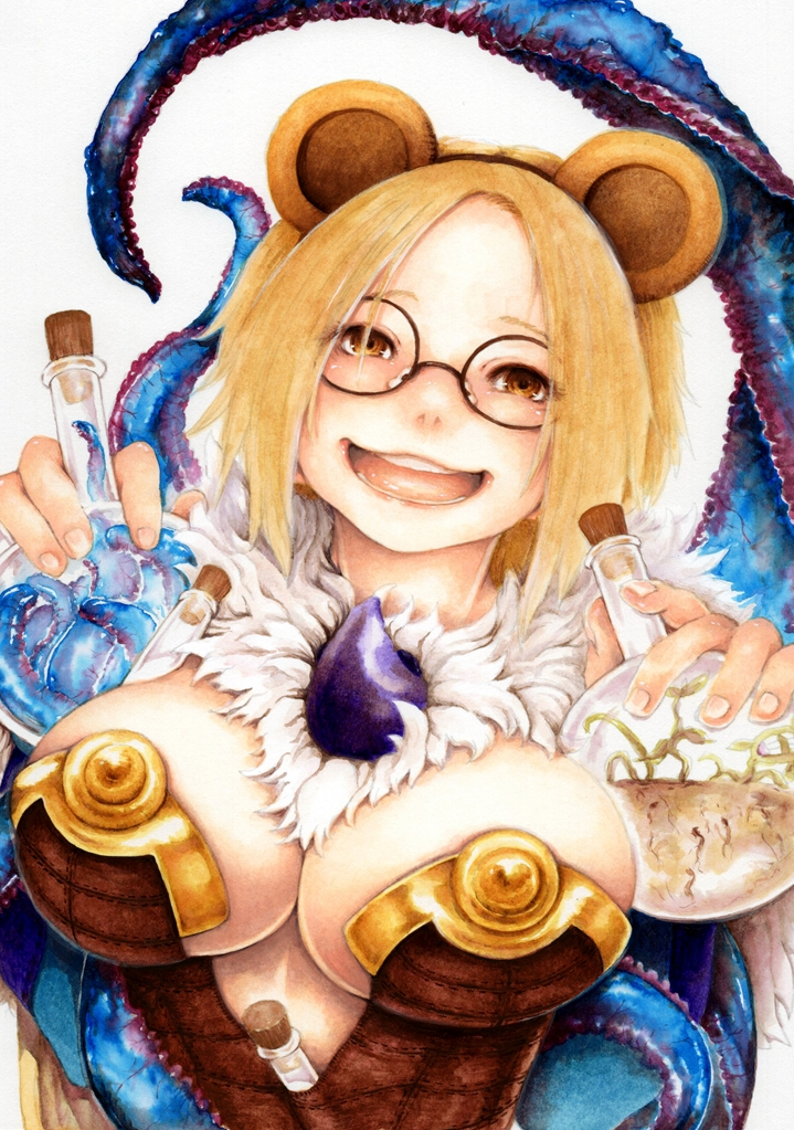 1girl, alchemist_(ragnarok_online), animal_ears, bad_id, bad_pixiv_id, bear_ears, blonde_hair, breasts, fake_animal_ears, female_focus, glasses, jiffy, large_breasts, open_mouth, potion, ragnarok_online, round_eyewear, short_hair, smile, solo, tentacles, upper_body, white_background