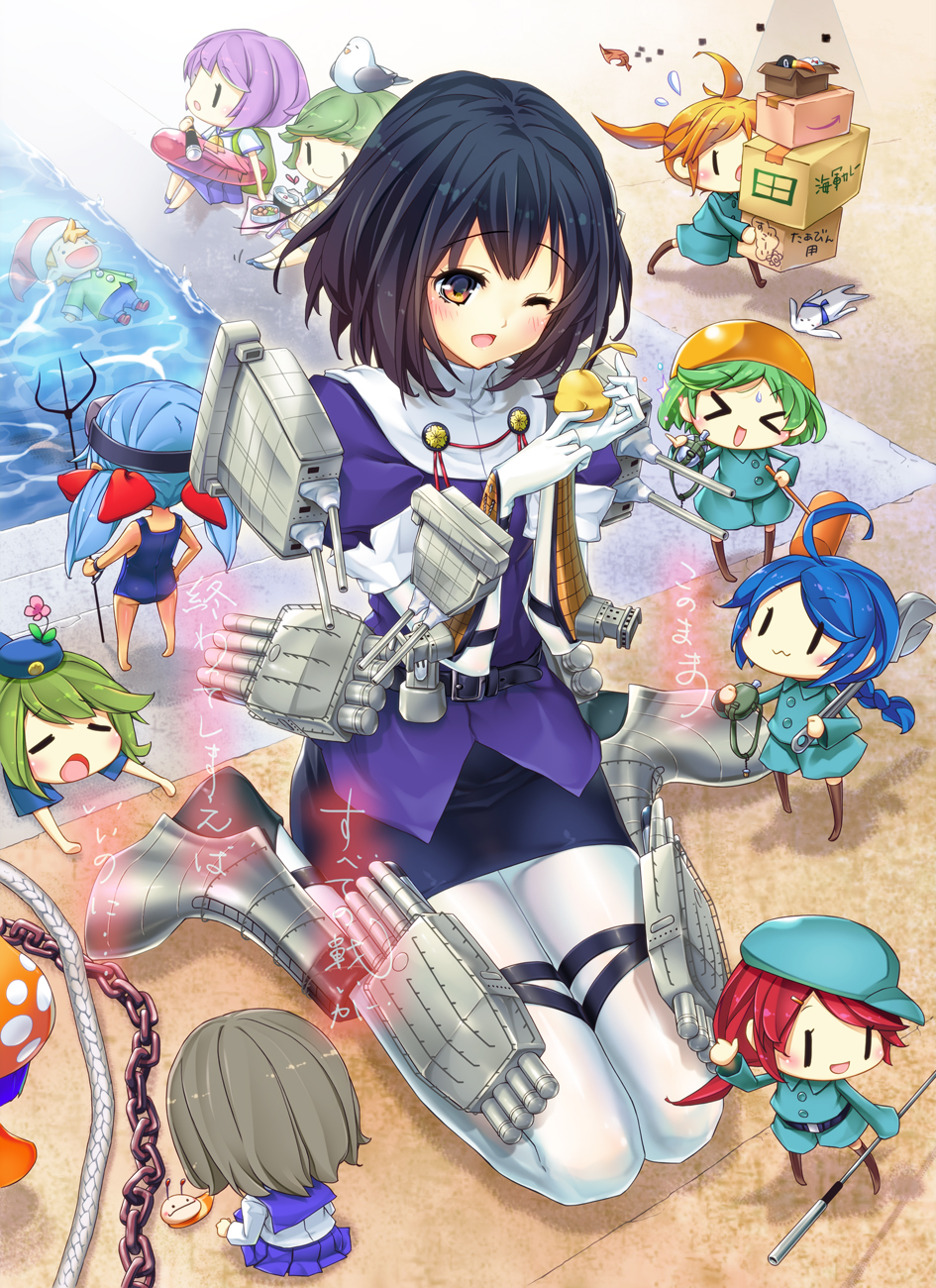 >_<, 10s, 12.7cm_twin_high-angle_gun_mount_fairy, 20.3cm_twin_gun_mount, 6+girls, 61cm_quadruple_torpedo_mount, baby_animal, bento