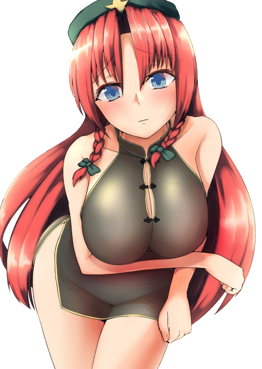 1girl, bare_legs, blue_eyes, bow, braid, breast_hold, breasts, china_dress