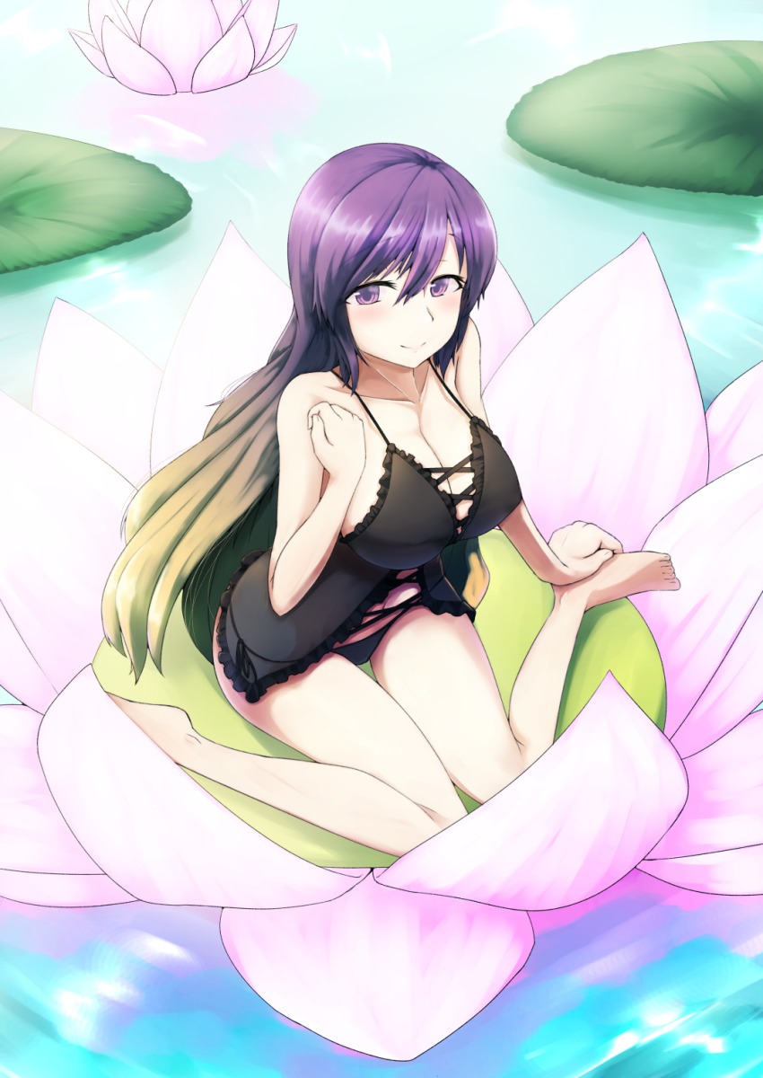 1girl, babydoll, bare_shoulders, barefoot, black_bra, black_panties, blonde_hair, bra