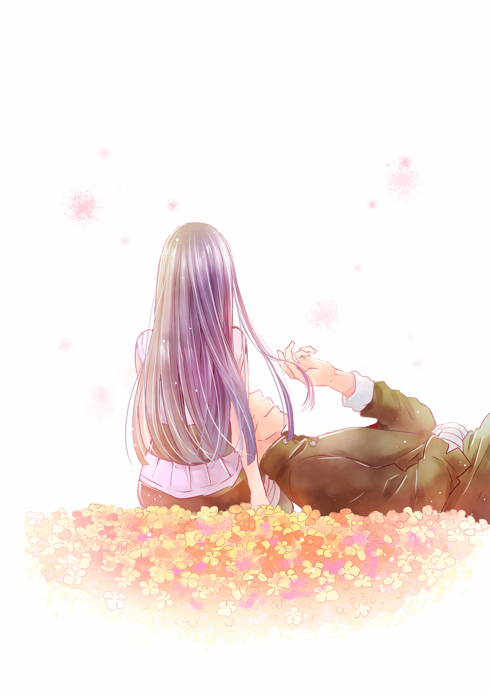 1boy, 1girl, bad_id, bad_pixiv_id, facial_mark, field, flower, flower_field, from_behind, highres, hyuuga_hinata, lap_pillow, long_hair, lying, naruto:_the_last, naruto_(series), on_back, purple_hair, smile, ting, uzumaki_naruto, whisker_markings