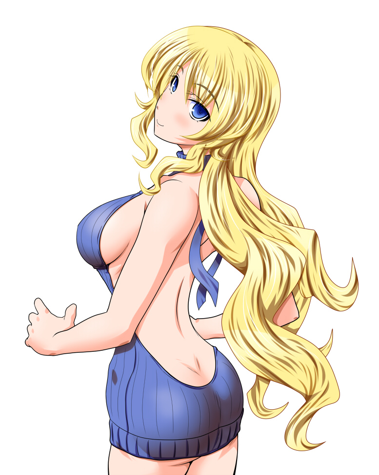 1girl, ass, back, backless_dress, backless_outfit, bare_back, bare_shoulders, blonde_hair