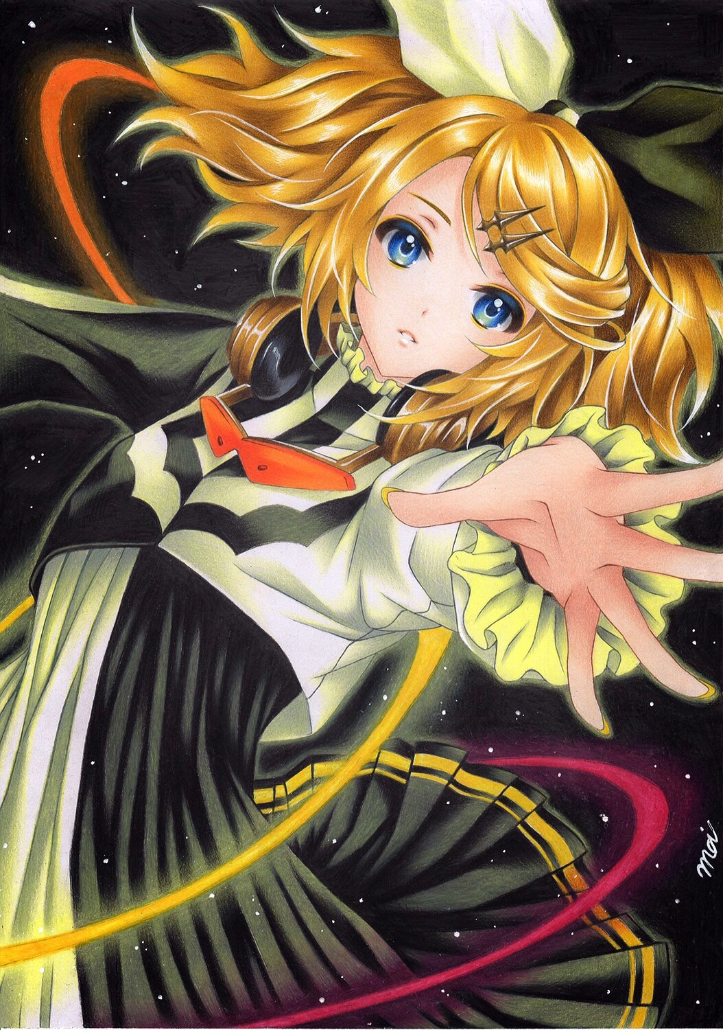 1girl, alternate_costume, alternate_hairstyle, bad_id, bad_pixiv_id, black_background, black_bow, blonde_hair