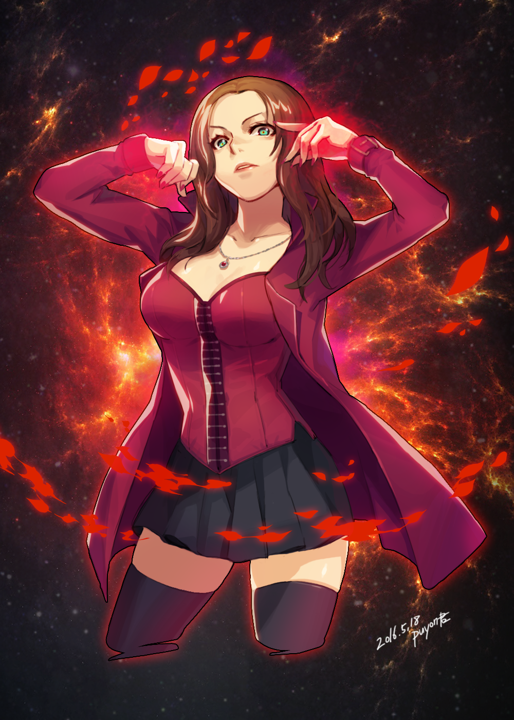 1girl, animification, artist_name, avengers_(series), black_skirt, black_thighhighs, brown_hair, bustier, coat, dated, female_focus, green_eyes, highres, jewelry, long_hair, looking_at_viewer, marvel, necklace, pleated_skirt, puyon_(puyon), scarlet_witch, skirt, solo, thighhighs, wanda_maximoff, zettai_ryouiki
