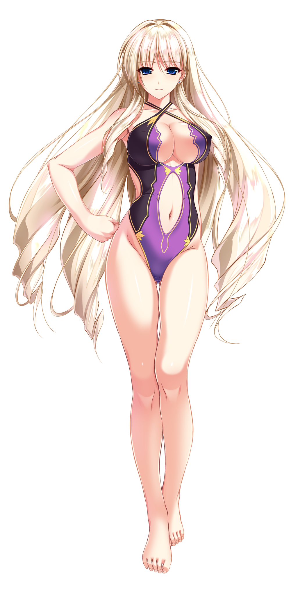 1girl, amasaka_takashi, arm_behind_back, barefoot, blonde_hair, blue_eyes, breasts, cleavage