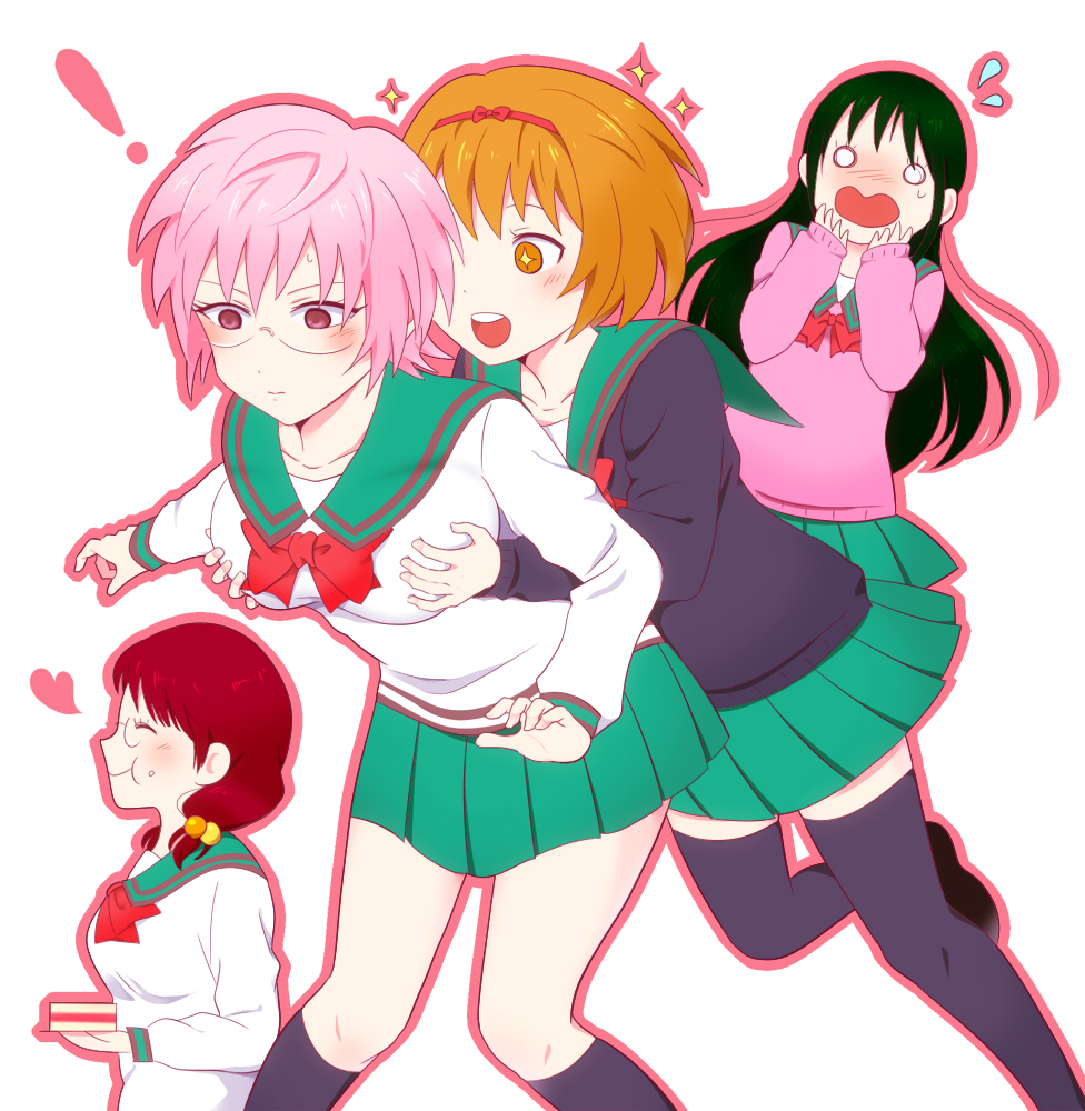 !, 10s, 4girls, black_hair, black_socks, blush, bow, breasts