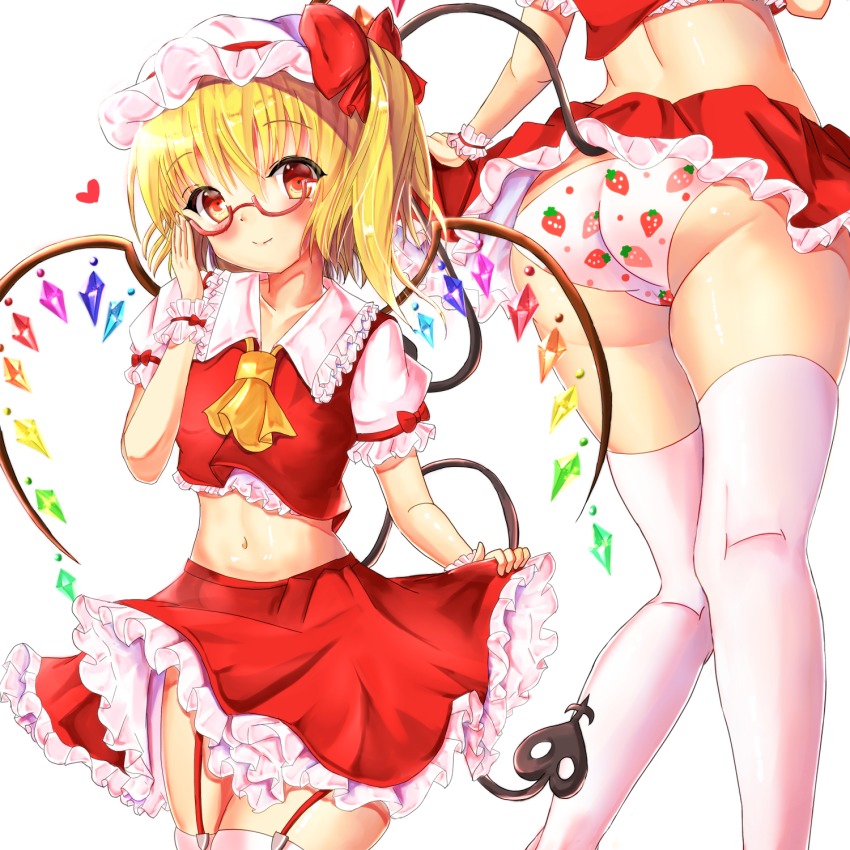 1girl, adjusting_eyewear, arm_garter, ascot, ass, bespectacled, blonde_hair, blush, bow, closed_mouth, clothes_lift, cowboy_shot, crop_top, crop_top_overhang, crystal, flandre_scarlet, food_print, frilled_skirt, frills, fruit_print, garter_straps, glasses, hat, hat_bow, highres, lifting_own_clothes, looking_at_viewer, midriff, mob_cap, mogupuchi, multiple_views, navel, panties, polka_dot, polka_dot_panties, print_panties, puffy_short_sleeves, puffy_sleeves, red-framed_eyewear, red_bow, red_eyes, red_skirt, red_vest, semi-rimless_eyewear, shiny_skin, short_sleeves, side_ponytail, skirt, skirt_lift, skirt_set, smile, strawberry_panties, strawberry_print, tail, thighhighs, touhou, under-rim_eyewear, underwear, vest, white_panties, white_thighhighs, wings, wrist_cuffs