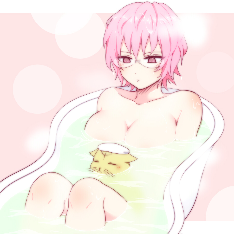 10s, 1girl, anpu, bathing, bathtub, breasts, cat, female_focus, genderswap, genderswap_(mtf), koro_(koinori), koro_(pixiv825965), large_breasts, nude, partially_submerged, pink_hair, purple_eyes, saiki_kuriko, saiki_kusuo, saiki_kusuo_no_psi_nan, short_hair, solo, towel, towel_on_head, water, wet