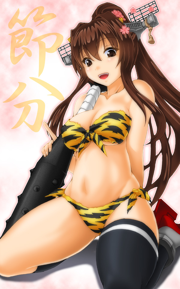 10s, 1girl, animal_print, bandeau, bikini, breasts, brown_eyes, brown_hair