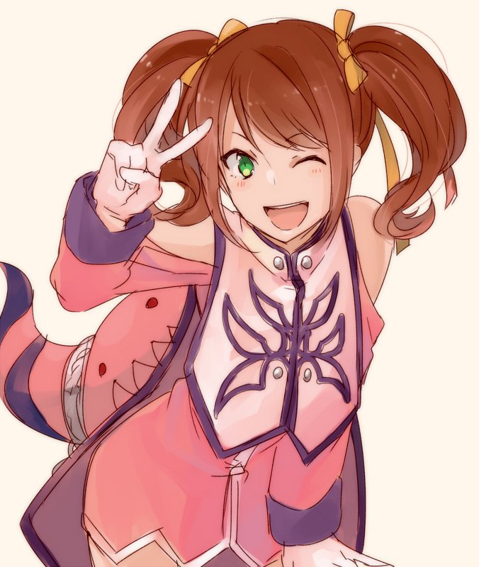 10s, 1boy, ;d, anise_tatlin, anise_tatlin_(cosplay), bare_shoulders, brown_hair, cosplay, gloves, green_eyes, hair_ribbon, idolmaster, idolmaster_side-m, leaning_forward, male_focus, mizushima_saki, nakasaka_sakana, one_eye_closed, open_mouth, ribbon, satan_(idolmaster), smile, solo, stuffed_toy, tales_of_(series), tales_of_the_abyss, trap, twintails, v