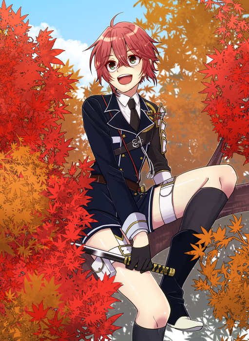 10s, 1boy, :d, armor, autumn_leaves, black_gloves, black_socks, gloves