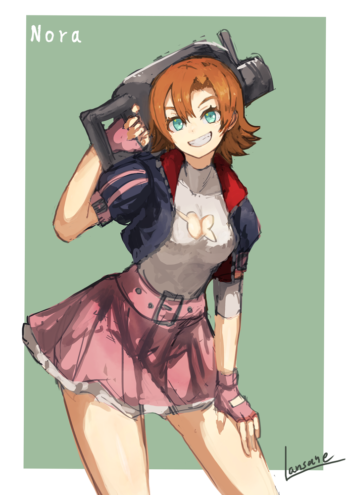 1girl, aqua_eyes, artist_name, bare_legs, belt, breasts, brown_hair, cleavage, cleavage_cutout, clothing_cutout, cropped_jacket, english_text, female_focus, fingerless_gloves, gloves, green_background, green_eyes, grenade_launcher, grin, hand_on_own_thigh, holding, holding_weapon, lansane, legs, looking_at_viewer, made_in_2017, medium_breasts, nora_valkyrie, over_shoulder, parted_bangs, pink_gloves, pink_skirt, puffy_short_sleeves, puffy_sleeves, red_hair, revolver_grenade_launcher, rwby, shirt, short_hair, short_sleeves, shorts, skirt, smile, solo, t-shirt, tight_clothes, tight_shirt, weapon, weapon_over_shoulder, white_shorts