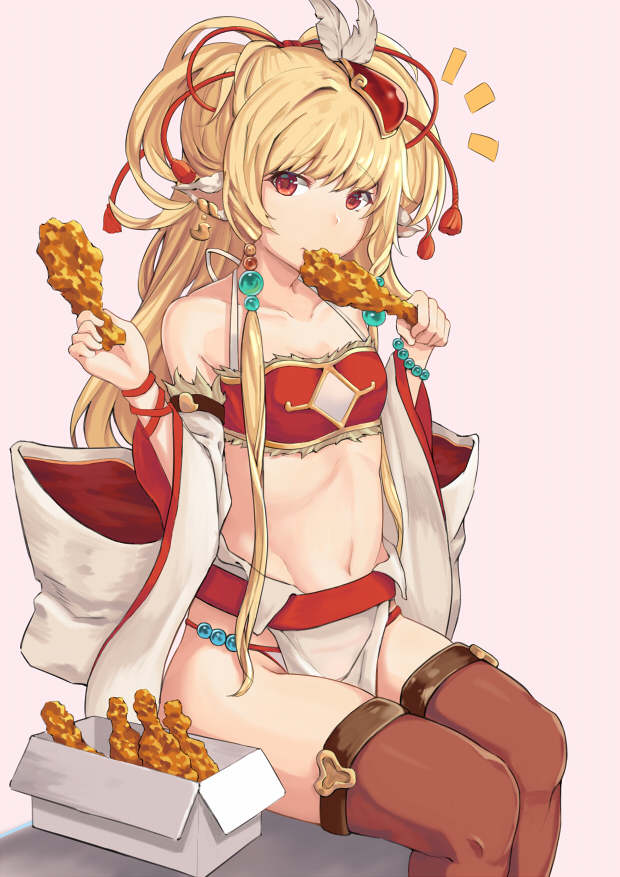 10s, 1girl, ^^^, bare_shoulders, blonde_hair, breasts, brown_thighhighs, chicken_(food), chicken_leg, closed_mouth, detached_sleeves, eating, female_focus, food, fried_chicken, granblue_fantasy, groin, halterneck, head_tilt, holding, holding_food, loincloth, long_hair, looking_at_viewer, mahira_(granblue_fantasy), mo_shi, navel, pink_background, red_eyes, simple_background, sitting, small_breasts, solo, thighhighs, very_long_hair, wide_sleeves