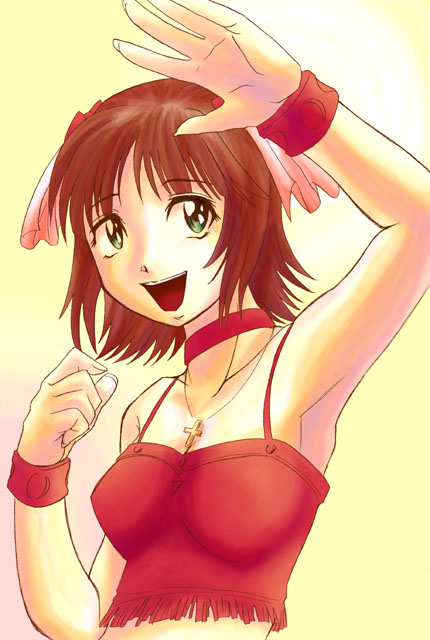 00s, 1girl, :d, amami_haruka, armpits, bracelet, breasts, brown_hair