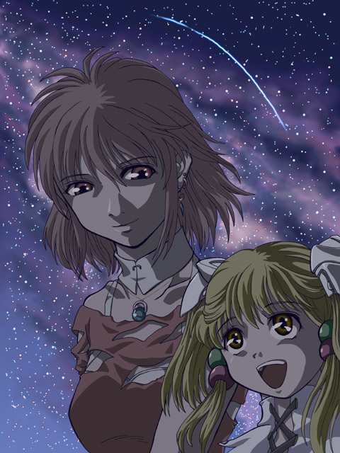 2girls, :d, banpresto, blonde_hair, blush, brooch, brown_hair, collar