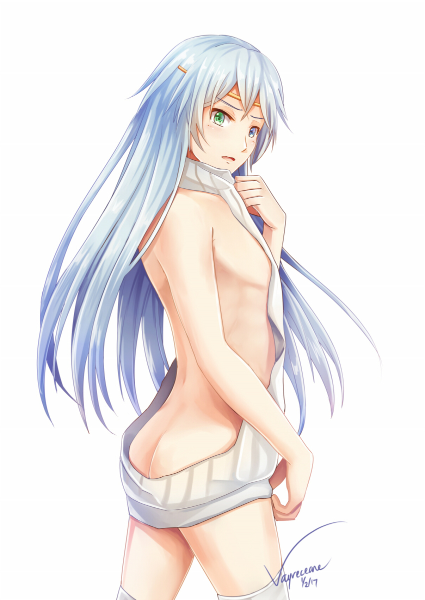 1boy, alyut_(brave_frontier), ass, back, backless_dress, backless_outfit, bare_back, bare_shoulders, bishounen, blue_eyes, brave_frontier, breasts, butt_crack, cowboy_shot, crossdressing, crossdressing_(mtf), dress, flat_chest, from_behind, green_eyes, halterneck, hand_up, heterochromia, highres, legs_apart, looking_at_viewer, looking_back, male_focus, naked_sweater, no_bra, no_panties, open_mouth, ribbed_sweater, solo, sweater, sweater_dress, thighhighs, trap, turtleneck, turtleneck_sweater, vayreceane, virgin_killer_sweater, white_dress, white_sweater, white_thighhighs