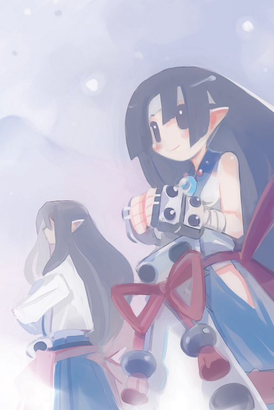 1boy, 1girl, age_difference, bandages, bare_shoulders, beads, black_eyes, black_hair