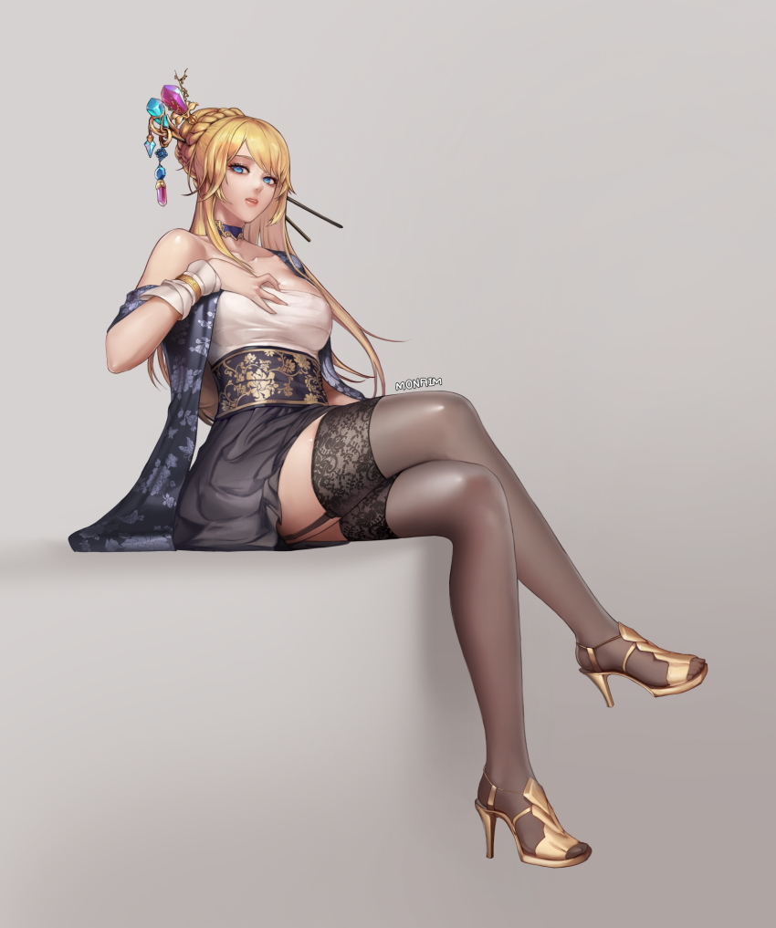 00s, 1girl, artist_name, bare_shoulders, black_skirt, black_thighhighs, blonde_hair, braid, braided_bun, breasts, choker, crossed_legs, crystal, dungeon_and_fighter, elsword, eyelashes, female_focus, female_gunner_(dungeon_and_fighter), floral_print, full_body, garter_straps, gradient_background, grey_background, hair_bun, hair_ornament, hair_stick, hand_on_breast, high-waist_skirt, high_heels, highres, invisible_chair, korean_clothes, large_breasts, long_hair, looking_at_viewer, looking_to_the_side, monaim, parted_lips, revision, rose_(elsword), shiny_clothes, shoes, sitting, skirt, solo, strapless, swept_bangs, thighhighs, yellow_shoes, zettai_ryouiki