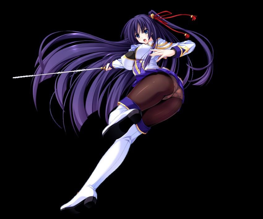 1girl, amasaka_takashi, ass, back-seamed_legwear, blue_eyes, blue_hair, boots, breasts