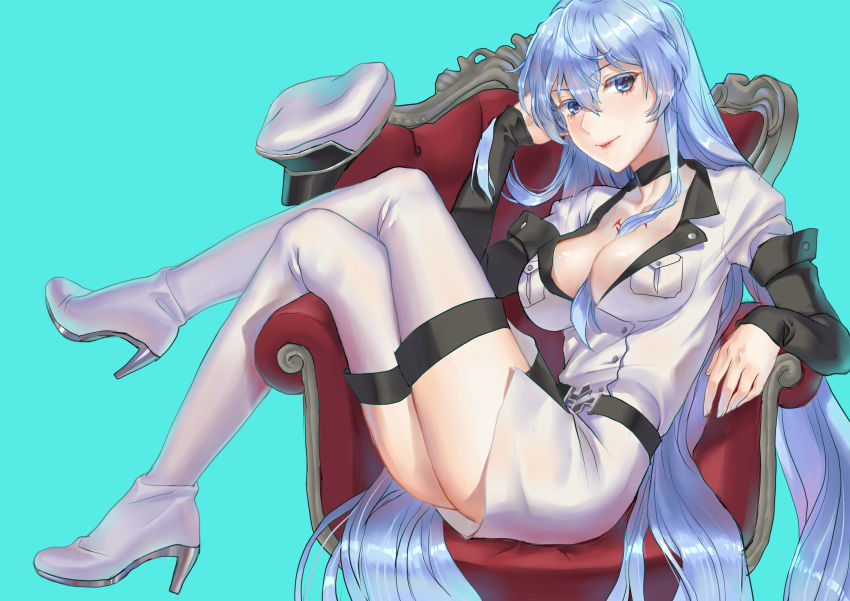 10s, 1girl, absurdres, akame_ga_kill!, blacksonata5, blue_eyes, blue_hair, blush, boots, breasts, choker, cleavage, couch, esdeath, female_focus, from_side, hair_between_eyes, hat, high_heel_boots, high_heels, highres, long_hair, long_sleeves, looking_at_viewer, looking_to_the_side, medium_breasts, military, military_hat, military_uniform, peaked_cap, sitting, smile, solo, thigh_boots, thighhighs, unworn_hat, unworn_headwear, very_long_hair, white_boots, white_thighhighs