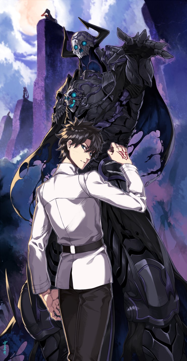 2boys, 2girls, armor, assassin_(fate/zero), black_hair, blue_eyes, cloak, command_spell