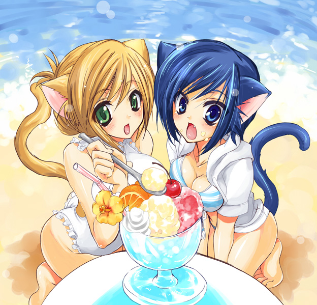 2girls, animal_ears, barefoot, bikini, blonde_hair, blue_eyes, blue_hair, cat_ears