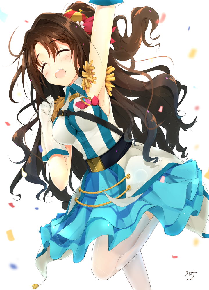 10s, 1girl, armpits, bad_id, bad_pixiv_id, brown_hair, closed_eyes, crystal_night_party