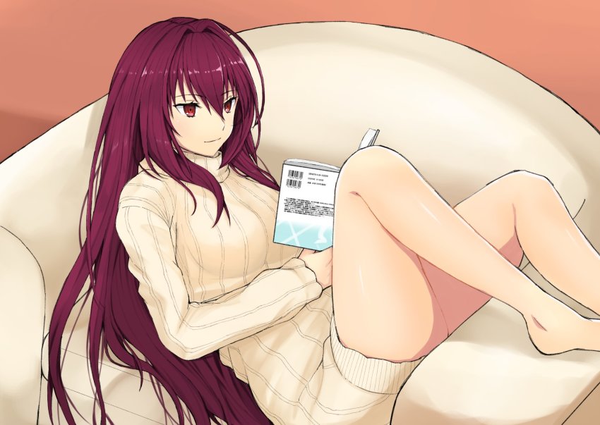 1girl, bad_id, bad_twitter_id, barefoot, book, breasts, closed_mouth, couch