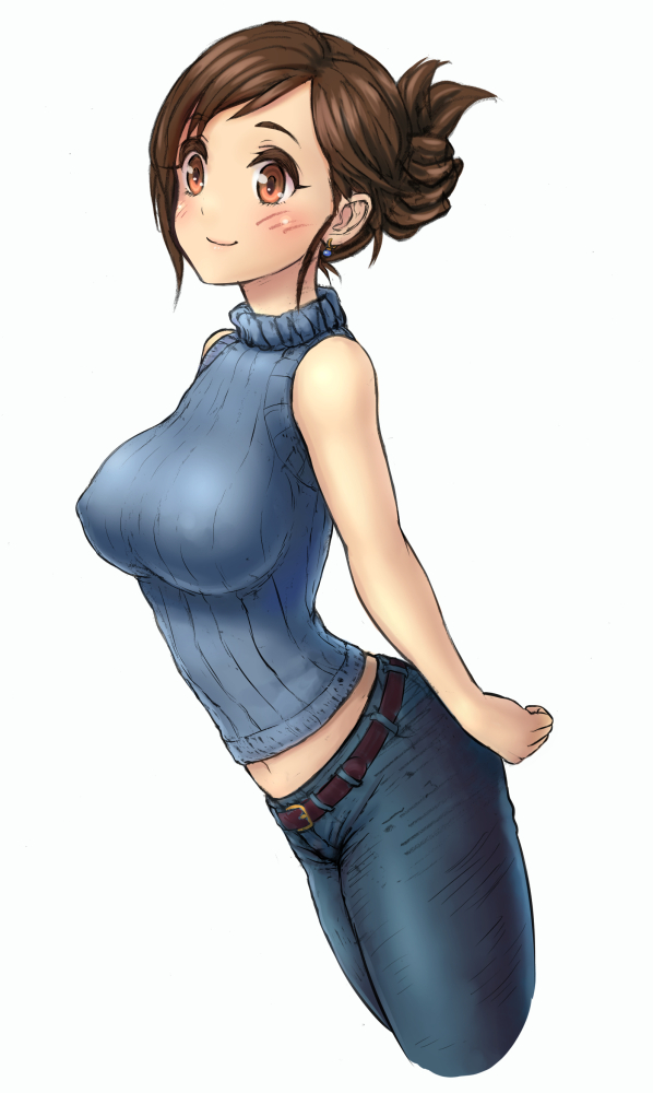 1girl, belt, belt_buckle, blue_pants, blue_sweater, blush, breasts, brown_eyes, brown_hair, buckle, closed_mouth, covered_erect_nipples, cropped_legs, earrings, female_focus, hair_bun, jewelry, large_breasts, mei_(overwatch), mitsu_(komainumilk), navel, overwatch, overwatch_1, pants, ribbed_sweater, simple_background, single_hair_bun, sleeveless, sleeveless_turtleneck, smile, solo, sweater, swept_bangs, turtleneck, white_background