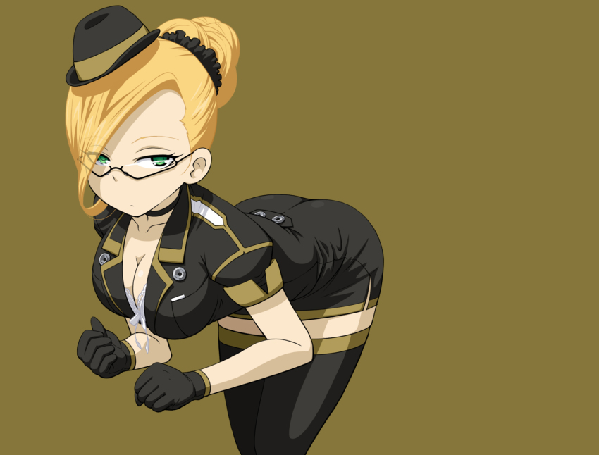 10s, 1girl, :/, aoki_hagane_no_arpeggio, ass, bad_id, bad_pixiv_id, bent_over, black-framed_eyewear, black_dress, black_gloves, black_hat, black_thighhighs, blonde_hair, bra, breasts, choker, cleavage, clenched_hands, closed_mouth, dress, eyes_visible_through_hair, female_focus, garrison_cap, glasses, gloves, green_eyes, hair_ornament, hair_over_one_eye, hair_scrunchie, hair_up, haruna_(aoki_hagane_no_arpeggio), hat, kamo_3, lace, lace-trimmed_bra, lace_trim, looking_at_viewer, medium_breasts, mini_hat, scrunchie, semi-rimless_eyewear, simple_background, solo, thighhighs, under-rim_eyewear, underwear, white_bra, yellow_background